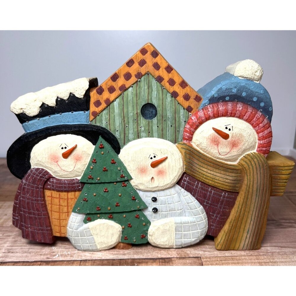 Handcrafted Wooden Snowman Family Winter Scene Decor Plays Music